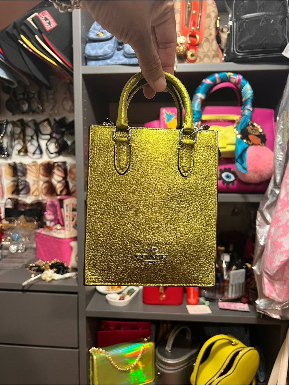 Coach Metallic Chartreuse Pebbled leather Mini Tote